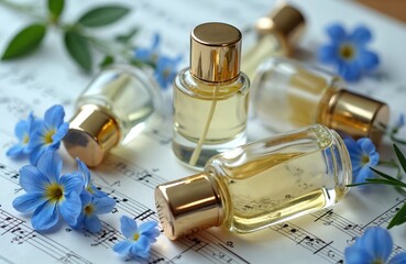 Perfume bottles with golden caps arranged on sheet music with blue flowers. Glass perfume bottles filled with yellow liquid. Music notes printed on white paper background. Flowers, green leaves