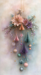 Whimsical pastel Christmas hanging floral arrangement with ornaments and tassels in soft blush, teal, lavender, and gold
