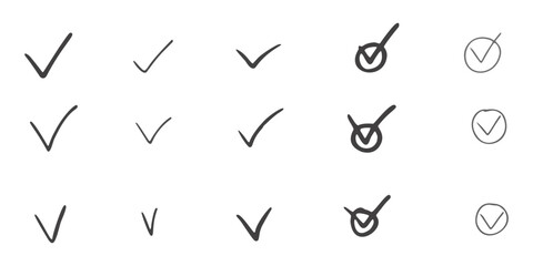 A seamless collection of hand-drawn checkmarks in various styles and thicknesses, featuring simple sketch lines and circular outlines, perfect for decorative, minimalist, and functional design element