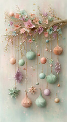 Elegant pastel Christmas ornaments hanging from golden branch with floral accents in soft mint, blush, and lavender tones
