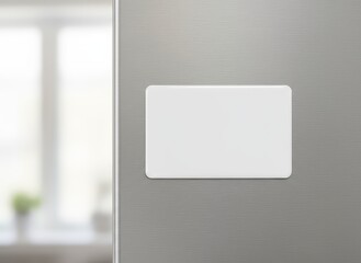 Blank rectangular fridge magnet card on a metallic surface