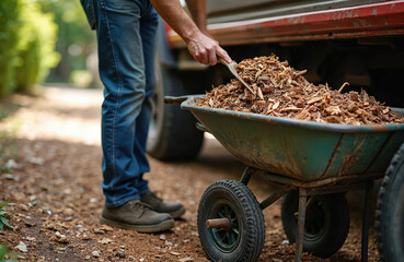 Man loads wood chips from vehicle into wheelbarrow with shovel for garden mulching. Gardener prepares natural material for soil enrichment and plant bed care. Outdoor yard work activity.