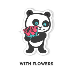 Cute cartoon panda bear holding a romantic bouquet of red roses as a lovely gift