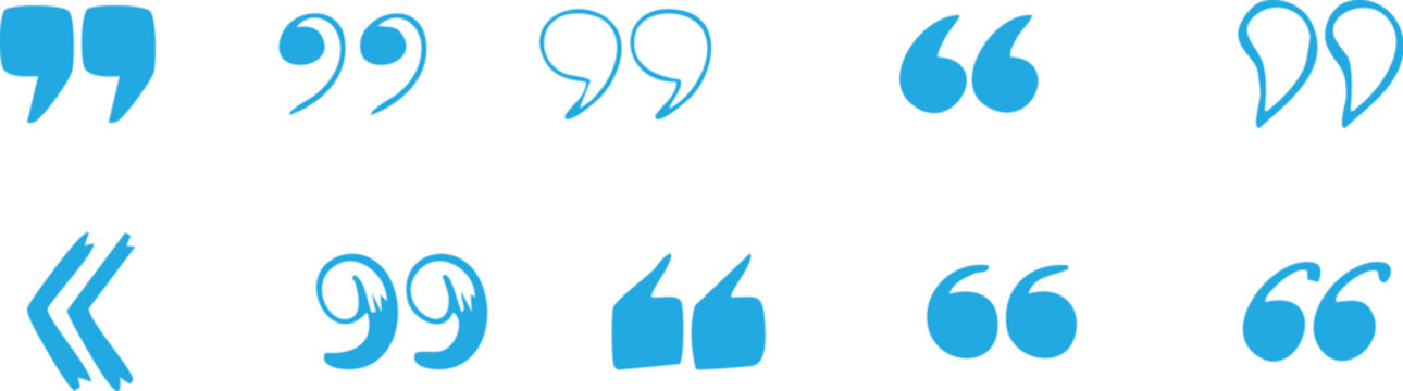 Set of blue quote marks punctuation signs symbols
