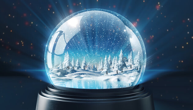 Enchanting snow globe scene with winter wonderland landscape and falling snowflakes, perfect for holiday greetings and festive designs