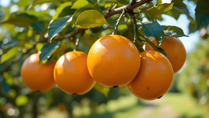 Close-up of ripe oranges hanging from a branch in a sunny citrus orchard with vibrant green leaves