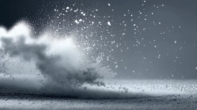 A dramatic explosion of white powder against a dark gray backdrop, creating a dynamic and visually striking effect with a sense of motion and energy in a studio shot