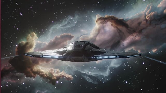 A sweeping wide shot of a futuristic spacecraft gliding through the vastness of space, stars twinkling in the backdrop. The ship gracefully maneuvers, performing a slow roll as it approaches a vibrant