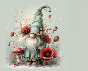 Whimsical Christmas gnome in mint green hat with red poppies and mushrooms on a snowy pastel background
