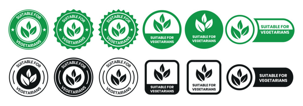 Suitable for Vegetarians stamp sticker with Leaves icon vector illustration. Suitable for Vegetarians sign, logo, badge, icon, sticker, label, emblem, stamp, symbol, black, line, flat vector.