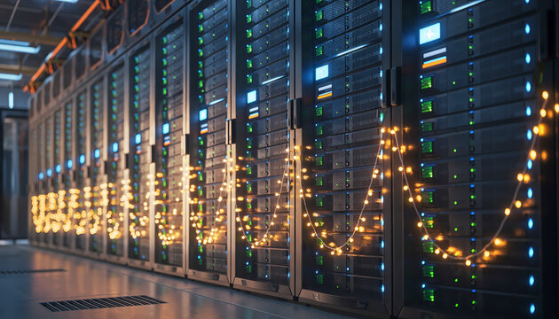 Modern data center with servers lit by string lights, representing digital innovation, technology, and secure data storage solutions
