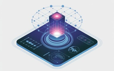 Isometric futuristic technology platform with central cube and network connections demonstrating innovative design and advanced digital interface concept