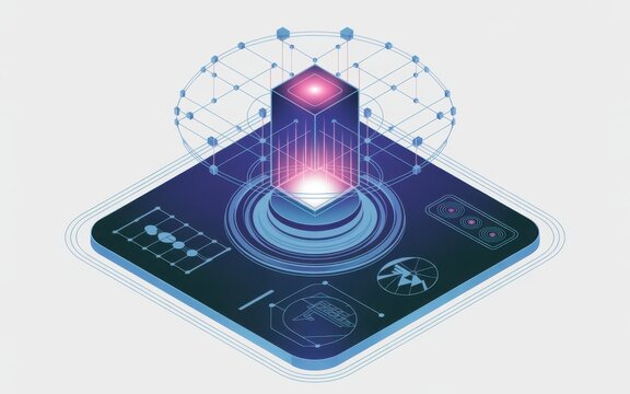 Isometric futuristic technology platform with central cube and network connections demonstrating innovative design and advanced digital interface concept - Powered by Adobe