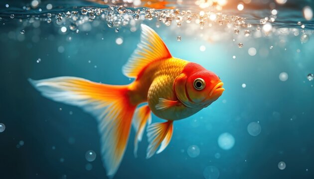 Close up of goldfish underwater in blue water. Bubbles float above fish. Bright light and colors. Goldfish swims peacefully in aquarium or fish tank. Shiny orange body, smooth scales reflect light.