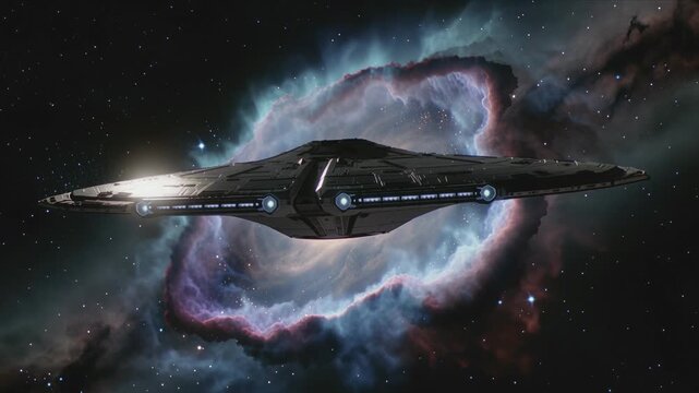 A sweeping wide shot of a futuristic spacecraft gliding through the vastness of space, stars twinkling in the backdrop. The ship gracefully maneuvers, performing a slow roll as it approaches a vibrant