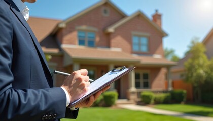 Man in suit evaluates suburban house with clipboard. Professional appraiser inspects residential property, takes notes on documents. Home value assessment, real estate business.
