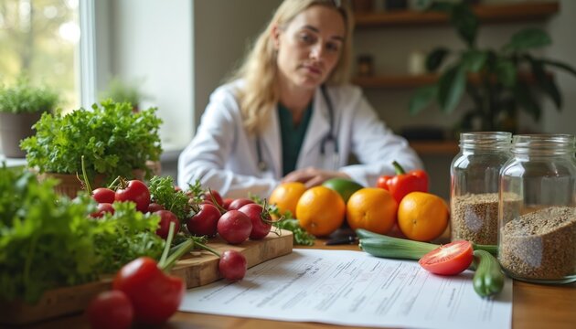 Female doctor nutritionist counsels patient on healthy food diet plan. Table holds fresh vegetables, fruits, grains, forms for personal consultation. Provides expert guidance for proper nourishment,