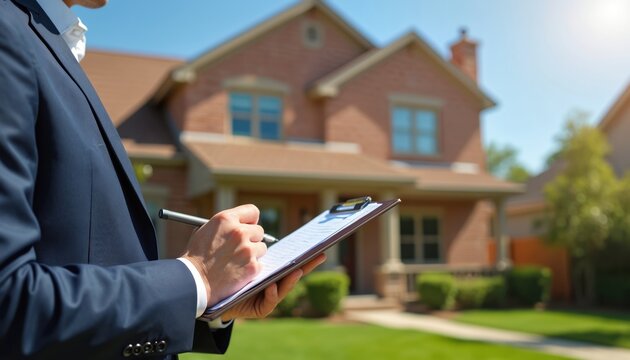 Man in suit evaluates suburban house with clipboard. Professional appraiser inspects residential property, takes notes on documents. Home value assessment, real estate business.