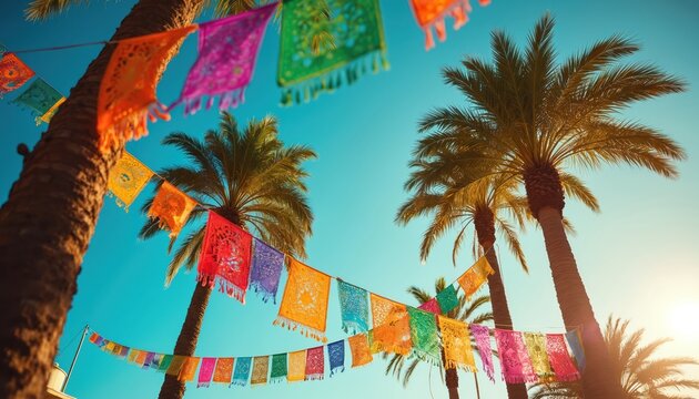 Colorful papel picado banners strung between palm trees under clear blue sky. Outdoor celebration decor with intricate patterns for festive Mexican holidays like Dia de los Muertos and Cinco de Mayo.