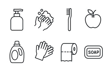 Essential hygiene icons handwashing, soap, toothbrush, and more in simple line art