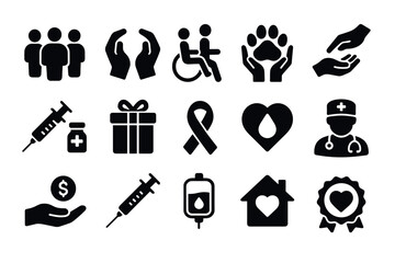 Set of black health and community icons in silhouette style