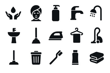Essential bathroom and cleaning icons set simple black silhouette design