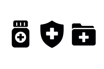 Healthcare icons medicine, shield, and medical file in bold black silhouette style