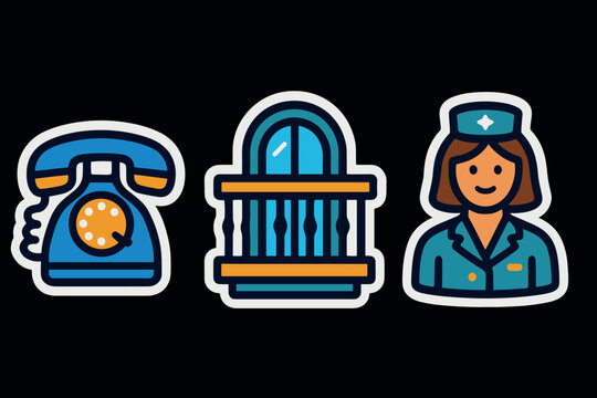 Vintage telephone, balcony, and woman in uniform icon set on black