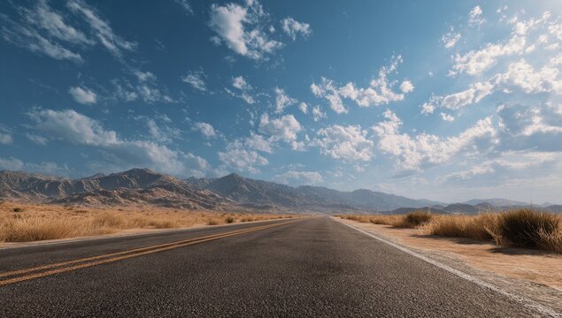 Road through desert landscape under a cloudy, blue sky