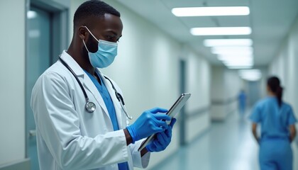 African doctor in protective mask examines tablet screen. Medical pro wears gloves. Man in lab coat stands in hospital corridor. Healthcare worker uses tech to diagnose patient.