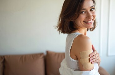 Smiling young woman shows arm with large bandage patch after getting vaccine at home. Feels happy, healthy after inoculation, promoting protection from illness. Vital public health, important