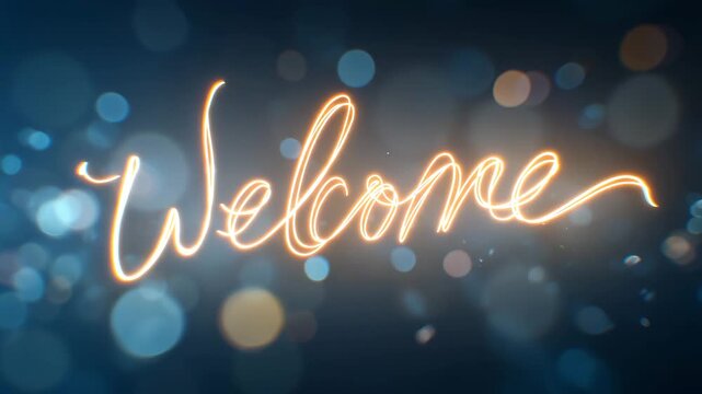 A glowing welcome sign shines against a blurred, bokehfilled background, creating a warm and inviting atmosphere with its soft light and elegant script font