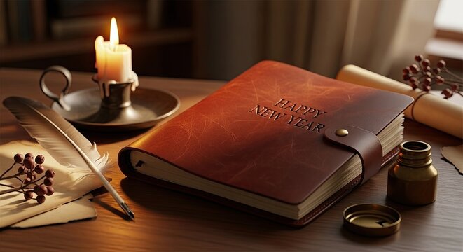 Leather Bound Journal Beside Candlelight Quill and Ink