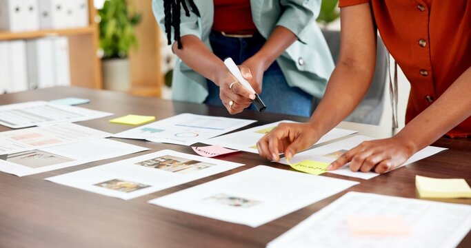 Sticky note, documents and hands with business women for campaign, project timeline and mindmap. Target audience briefing, branding pitch and brainstorming session with employees for meeting