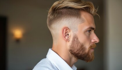 Fototapeta premium Profile view of blond man with fade haircut and beard. He wears white collared shirt indoors, posing for professional headshot. Modern male style.