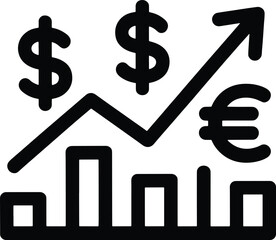 Obraz premium Black and white graphic of rising bar chart with dollar and euro symbols and upward arrow finance money