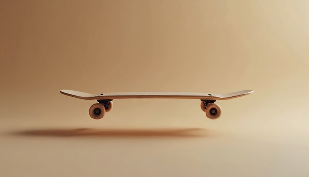 Minimal skateboard floats above beige surface. Sleek design, natural color capture skate culture. Artistic represention suitable for advertising, youth trends, sports, street style, lifestyle blogs. - Powered by Adobe
