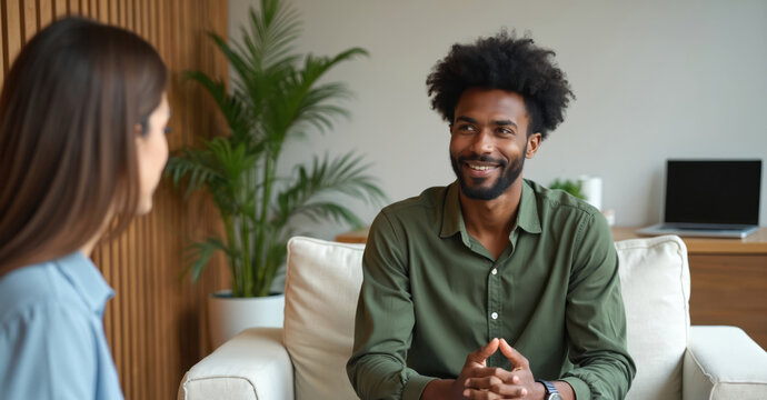 Black man smiling during therapy session with psychologist. He is in consultation receiving professional help. Mental health concept. Psychotherapy for depression treatment and support in office.