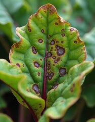 Beet leaf exhibits cercospora leaf spot disease. Brownish purple spots spread across green foliage. Unhealthy plant shows damage, indicating crop issues and agricultural problems.