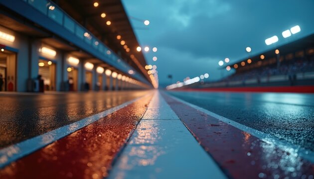 Wet asphalt racetrack pit lane with vivid red white lines glows under bright night lights. Pit lane garages stand illuminated. Blurred stadium lights shine across track, creating intense atmosphere.