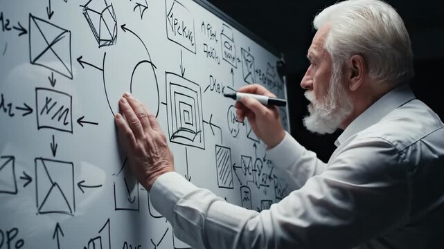 Elderly Male Scientist Develops Complex Algorithm or Business Strategy on Whiteboard