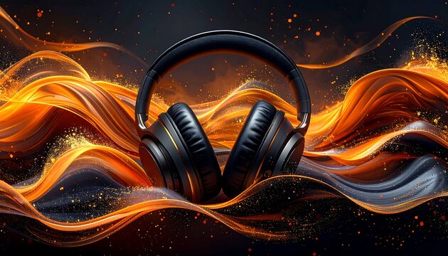 A sleek, black headset rests against a vibrant backdrop of fiery, swirling energy with sparks. The image is dramatic and immersive