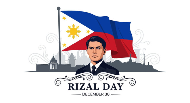 Celebrate the Legacy of Jos&eacute; Rizal with Elegant Vector Art for Rizal Day, Perfect for Philippine Independence Day Greetings and Patriotic Designs Featuring the National Flag and Skyline