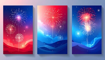 Happy New Year 2026 and Merry Christmas corporate blue social media backgrounds with fireworks - Templates for company marketing stories, square, portrait posts