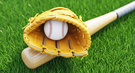 Baseball glove with baseball and bat on grass background outdoors