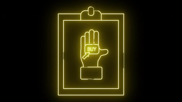 Yellow neon design on a black backdrop a BUY hand icon inside a rectangular frame