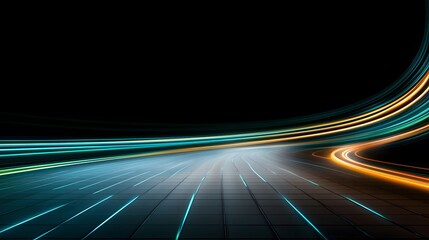 The image showcases a vibrant scene with streaks of teal and gold light that appear to simulate motion, set against a geometric-tiled floor and a stark black background.
