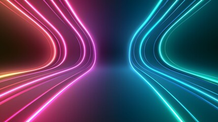 The image is an abstract background with converging neon light trails in pink and blue, contrasted against a dark backdrop, creating futuristic and dynamic visual effect.