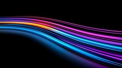 The image showcases a sleek, abstract composition featuring vibrant, layered lines of light in shades of blue, purple, pink and orange against a stark black background.