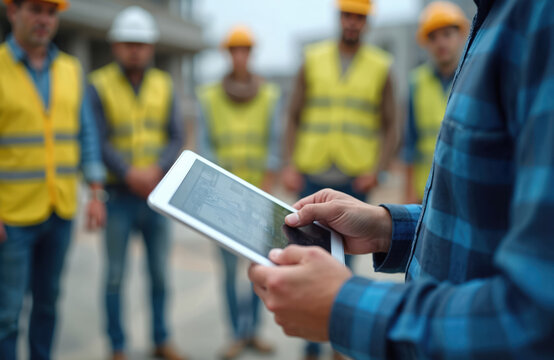Group of construction workers looks at digital tablet. Architects builders discuss project plans on construction site. Team of engineers wearing safety vests, helmets review building design using